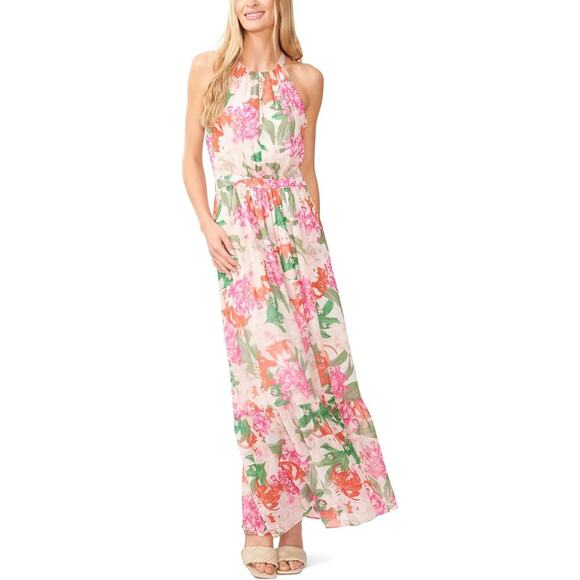 CeCe Pink Floral Print Halter Neck Tie Back Cut Out Pleated Maxi Dress Size 14W - Picture 3 of 9
